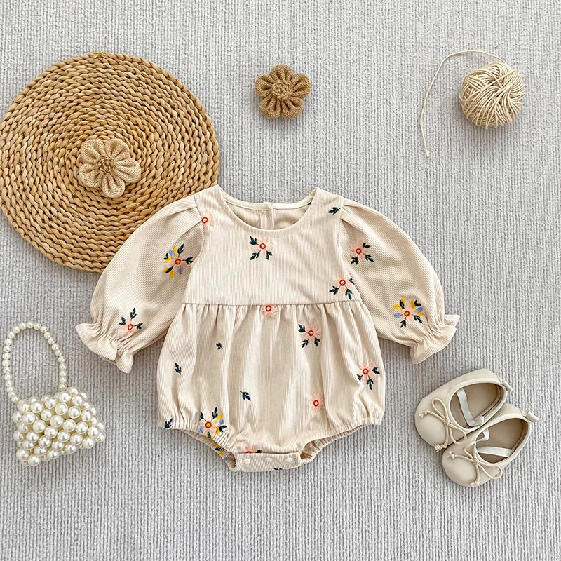 Baby Girl Corduroy Romper Long Sleeve Floral Embroidery Puff Sleeve Bodysuit Infant Spring Autumn Newborn Baby Clothes 0-18M