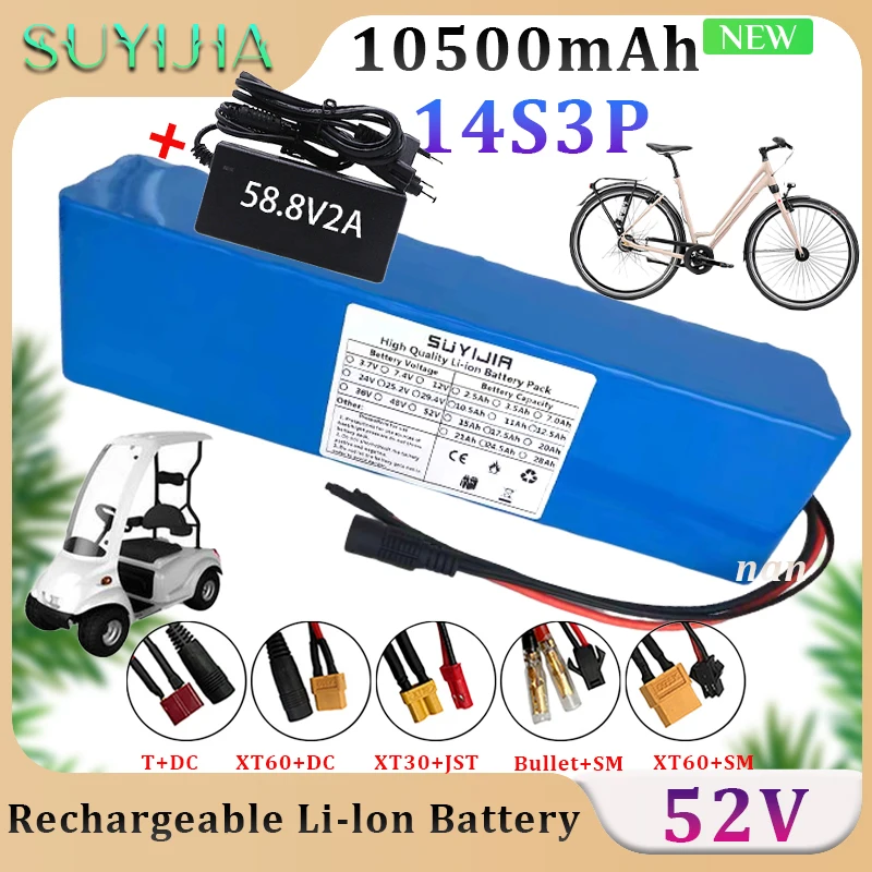 

52V 10500mah Lithium Batteries Pack 14S3P 18650 Built-in Smart BMS for E-Bike Unicycle Scooter Wheel Chair with 58.8V 2A Charger