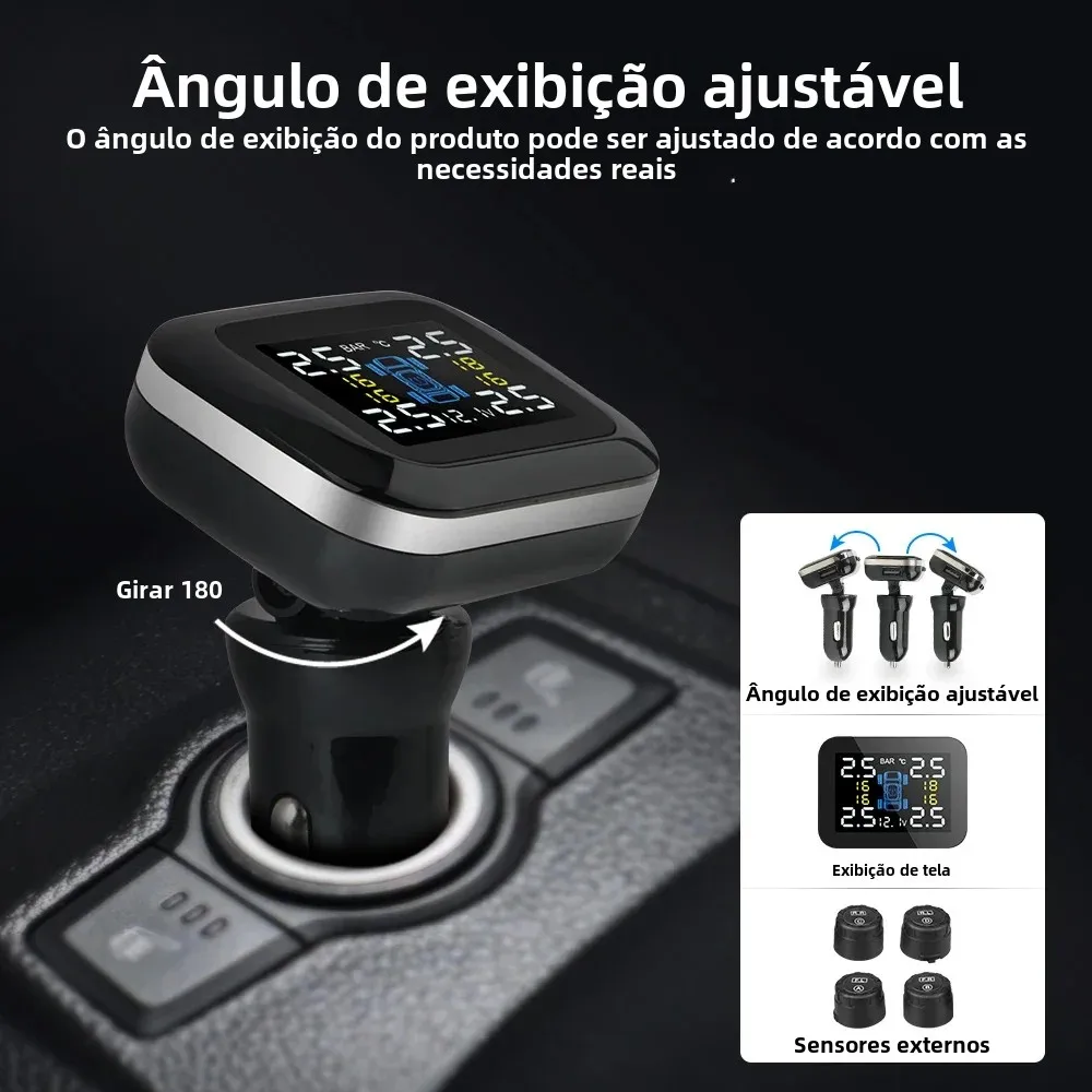Car TPMS Cigarette Lighter Tire Pressure Monitoring System Alarm Tyre Air Pressure Meter Gauge Temperature Warning With 4 Sensor