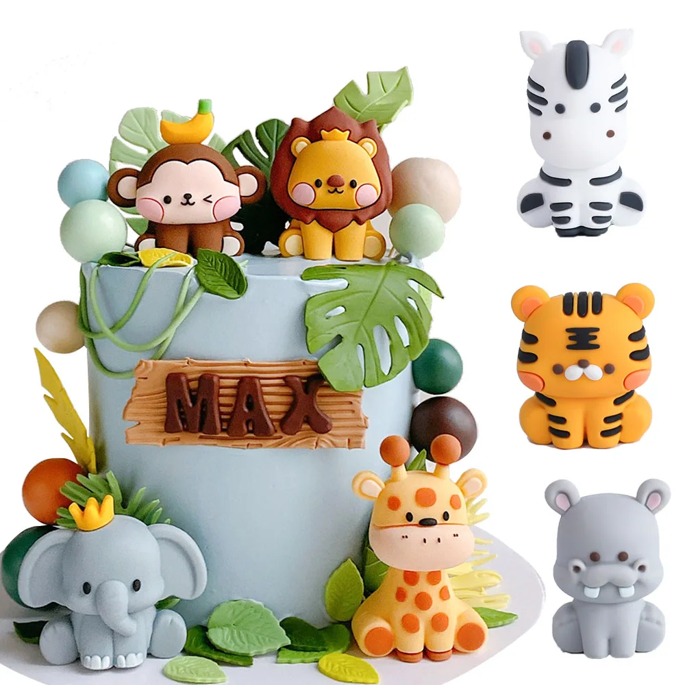 Jungle Baby Animals Cake Decoration Cute Lion Giraffe Monkey Hippo Elephant Cake Toppers for Jungle Theme Animals Birthday Party