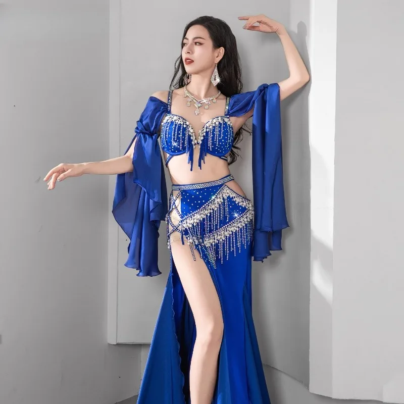 Traje de danza del vientre amarillo personalizado, ropa de actuación, sujetador de danza del vientre, falda con borlas, traje de danza Oriental, vestido de competición de equipo