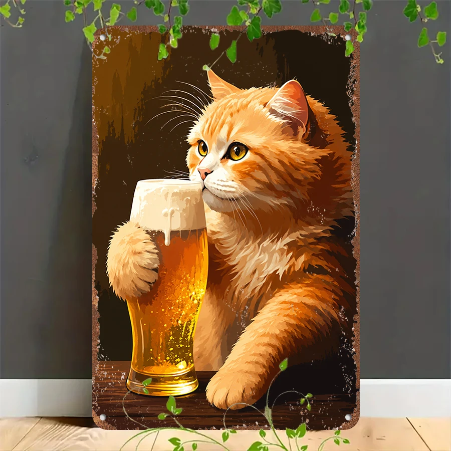 2D flat retro metal tin plate,   Retro Beer Drinking Orange Cat Tin Sign, Suitable for home, garage, café, bar and garden decoration