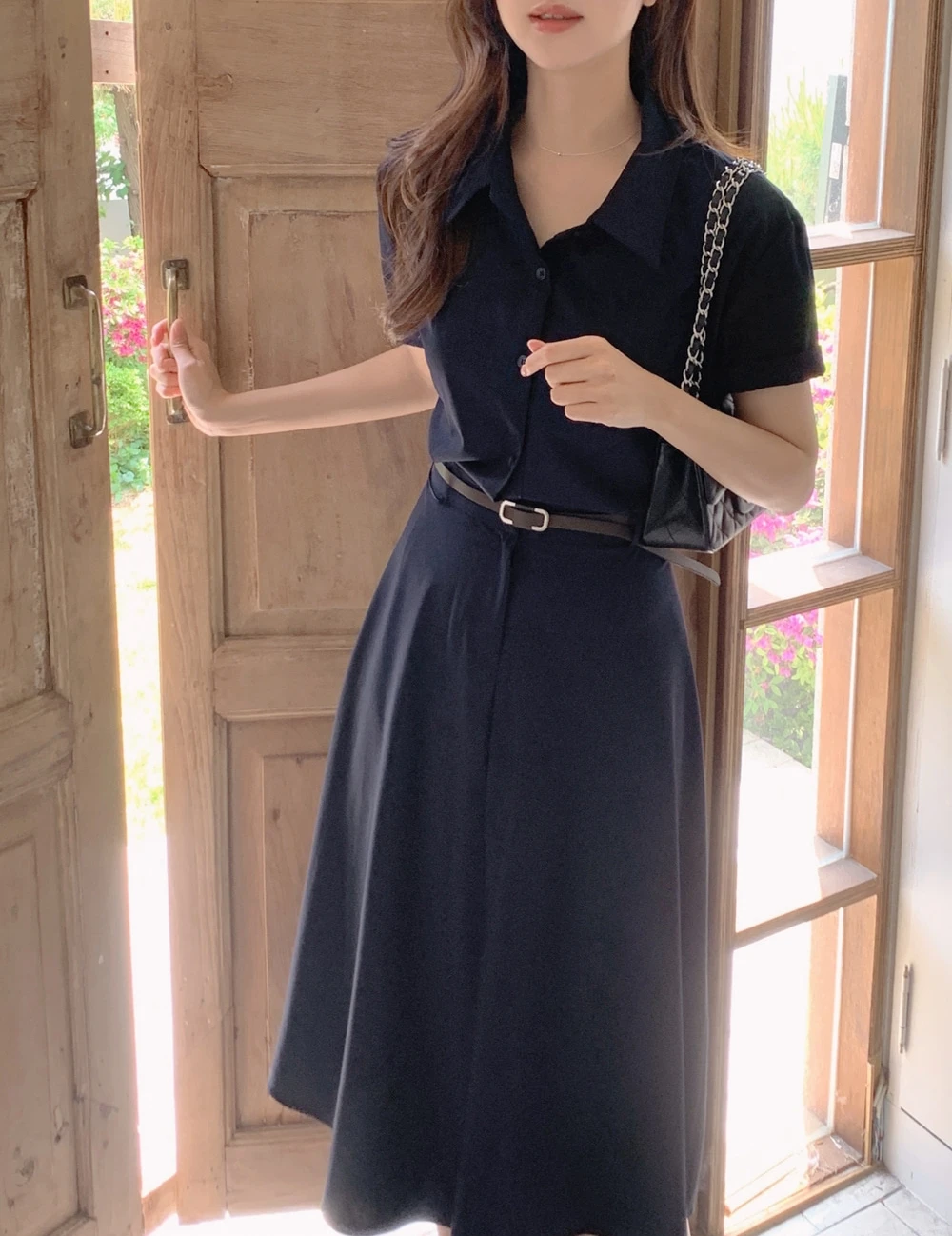 Autunno coreano vintage elegante chic abito lungo da donna bavero manica corta cintura in vita abito camicia minimalista da ufficio signora
