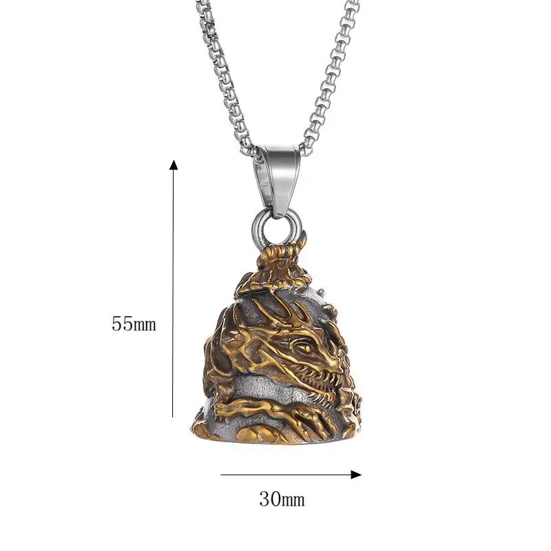 Stainless steel polished vintage Gold plated Dragon Skull motorcycle Ride Lucky Exorcist bell pendant