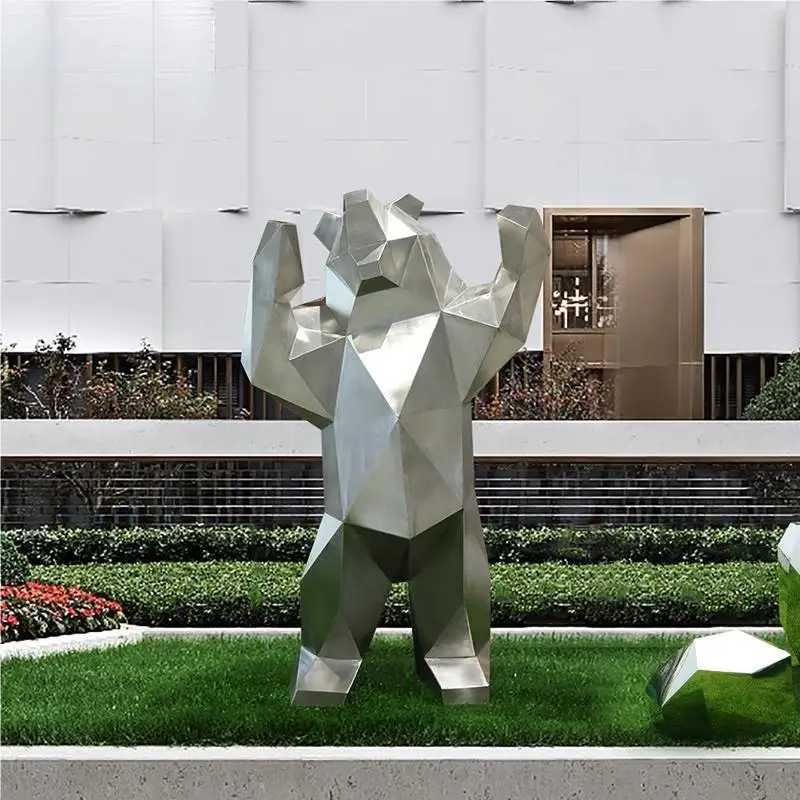 Park floor outdoor decoration geometric bear stainless steel polar bear sculpture artwork large outdoor decoration