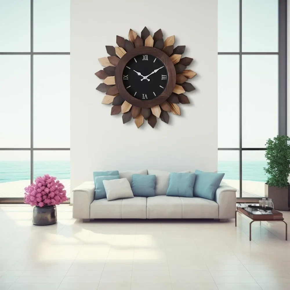 Living room wall clock decoration, sun explosion decoration large oversized silent, battery powered, farmhouse wood wall clock