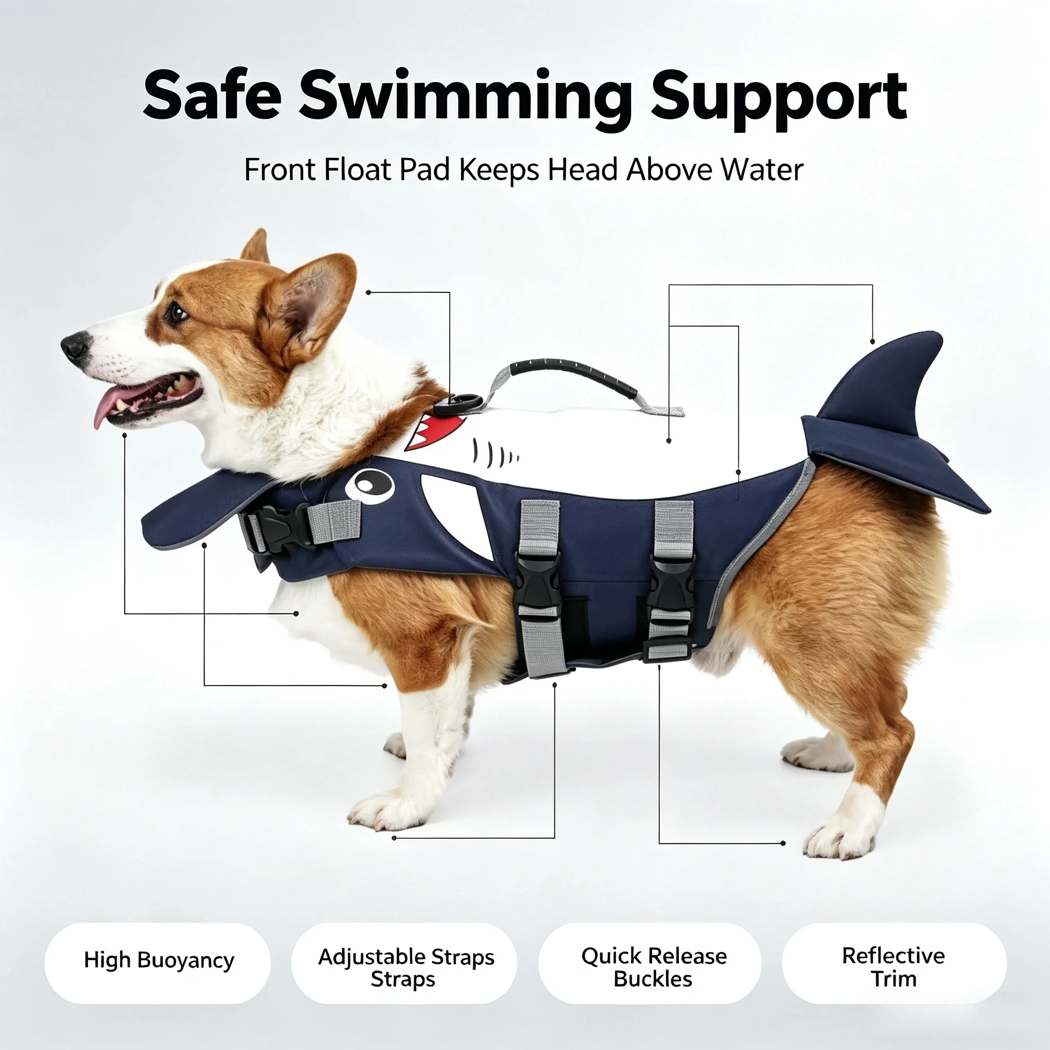 Shark Fin Dog Life Jacket Adjustable Pet Swimming Safety Vest For Pool Surfing Drifting Summer
