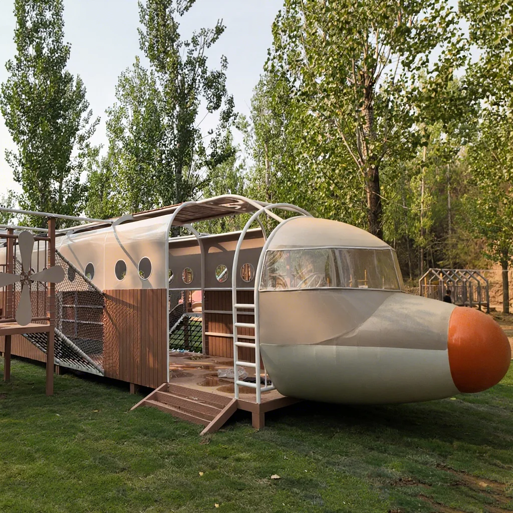 Airplane Amusement Park Equipment, Commercial Outdoor Playground, Wooden Metal Construction, 500kg Capacity, Adult Play Set