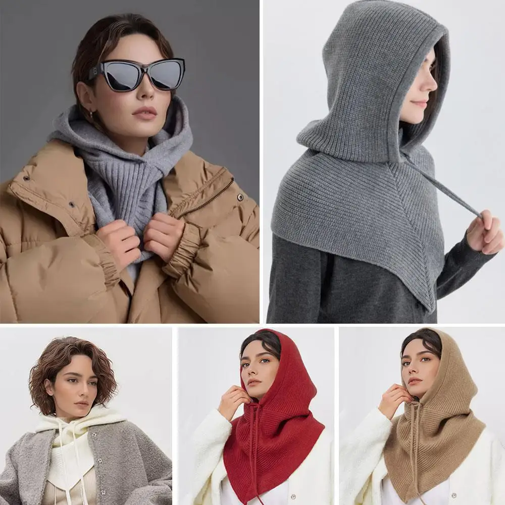 

Women Winter Knitted Scarf Knitted Hooded Caps Beanies Hats Balaclava Hat Neck Collar One-Piece Warm Outdoor Hat Scarf