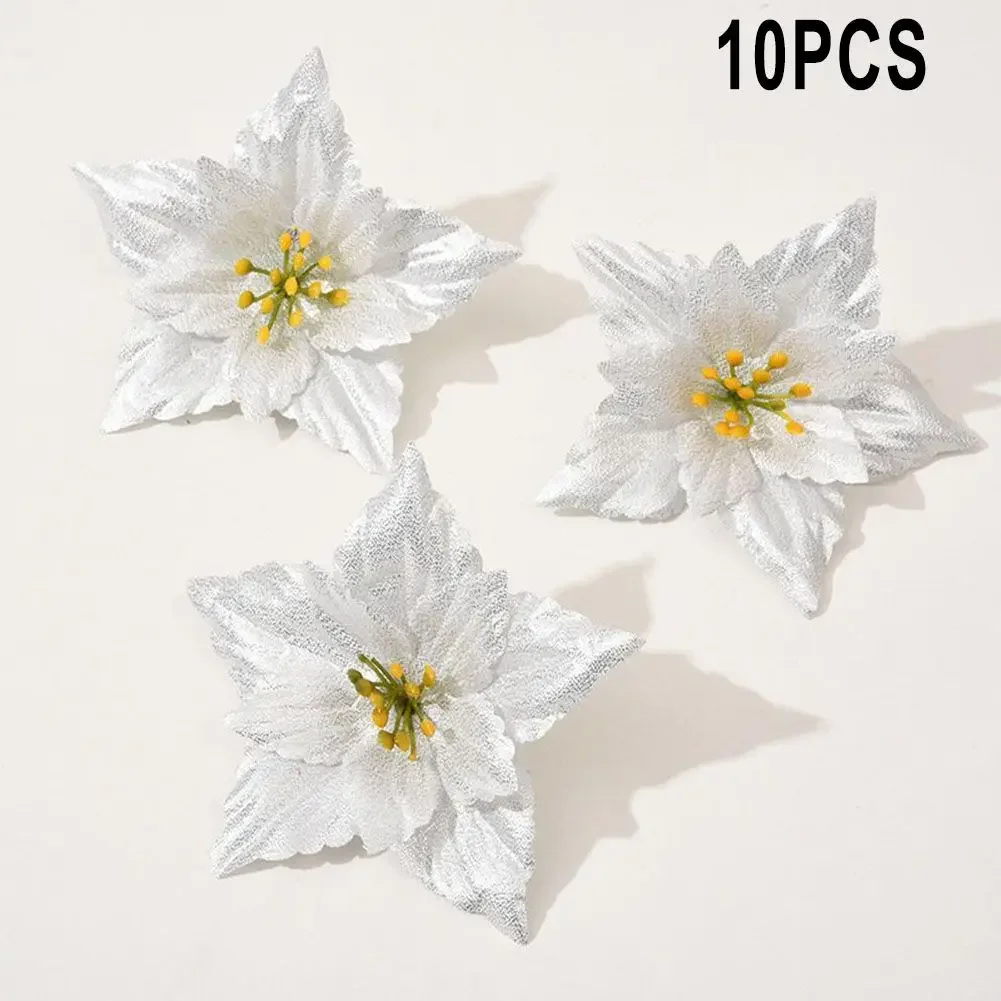 Shimmering Christmas Flower Ornaments Pack Of 10 Cloth+Plastic Material 12 5cm Size Add Sparkle To Your Christmas Decor