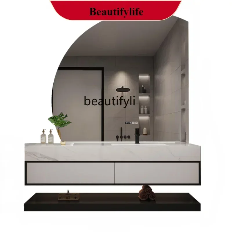 

Modern Light Luxury Stone Plate Bathroom Cabinet with Seamless Ceramic Whole Wash Basin Face Wash Combination - White