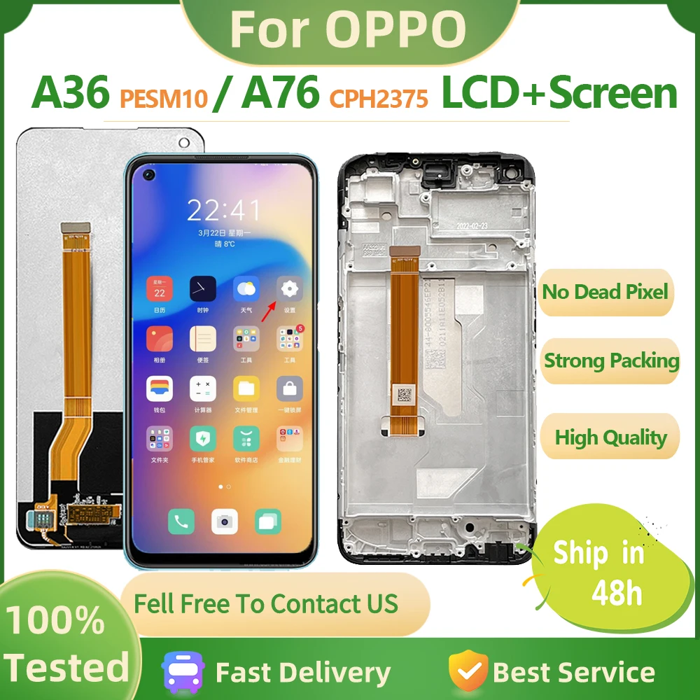 

6.56" New tetsed Display For Oppo A36 LCD PESM10 Touch Screen Digitizer Assembly For Oppo A76 LCD CPH2375 Screen Replacement Par