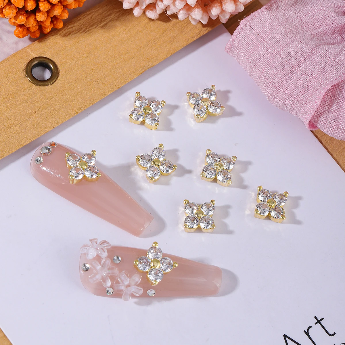 6 pcs Japanese Zircon nail light luxury wind with diamond color four-leaf clover copper with zirconium texture nail decoration