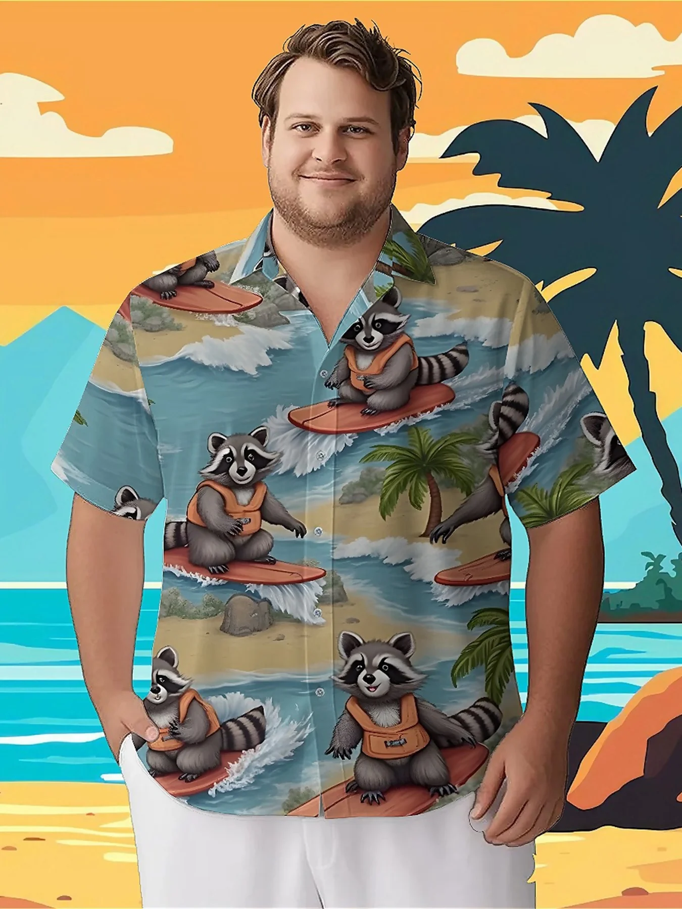 

Men's Plus Size Hawaiian ShirtsRaccoon Surfer Beach Adventurepattern, Summer Casual Top, Suitable for Outdoor ,party, Streetwear