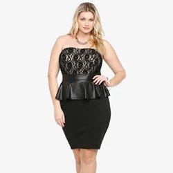 Plus Size Dress XXXL Women Lace Peplum Dresses Vestidos  Elegant Black Slimming Strapless Casual Big Size Dress