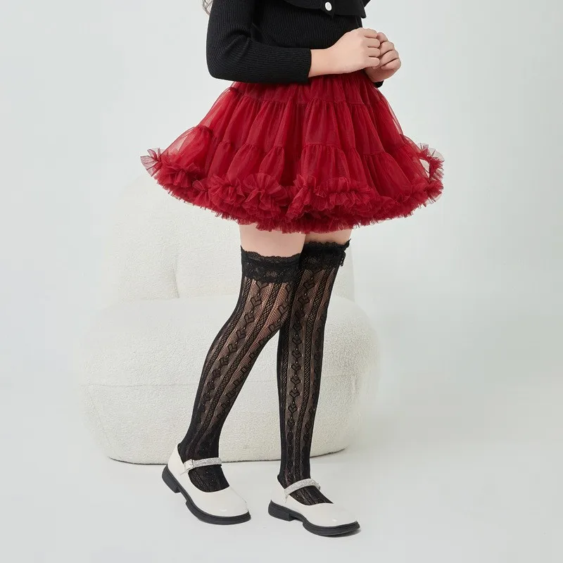 3-8Years Baby Girl's Lolita Lace Thigh Highs Stockings Japanese Kawaii Heart Shaped Mesh Socks Vertical Stripe Ruffle Hosiery