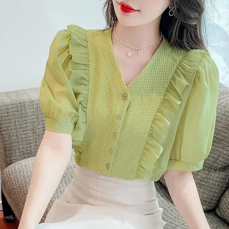 

Temperament Korean Summer Solid V-neck Women's Ruffles Puff Sleeve Single Breasted Fashion Short Sleeve Loose Chiffon Shirt Tops