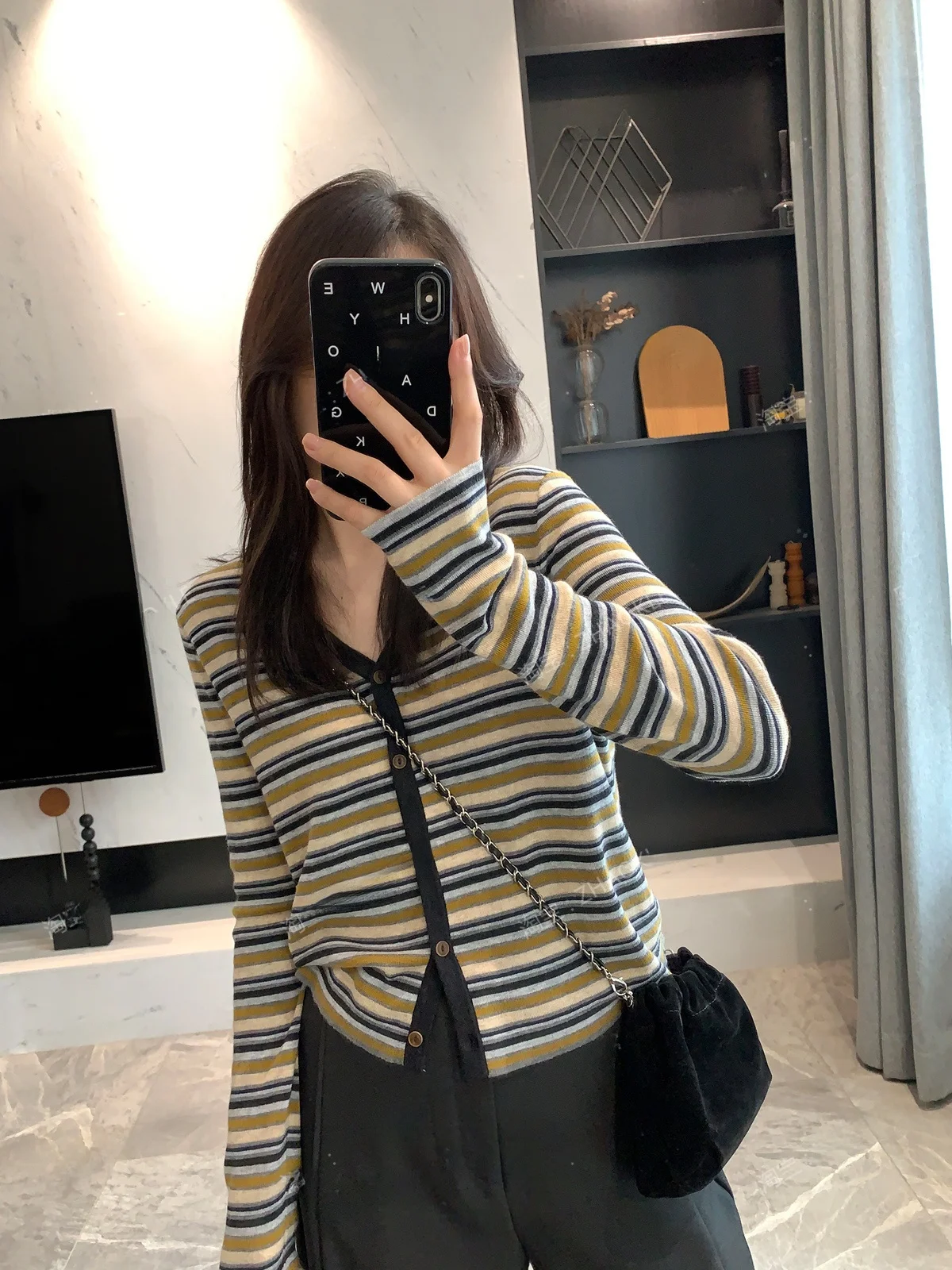 

Ультрамягкий шелковый вязаный кардиган с длинными рукавами, V-образным вырезом, в полоску, повседневный, женский, осенний, модный, с эффектом похудения