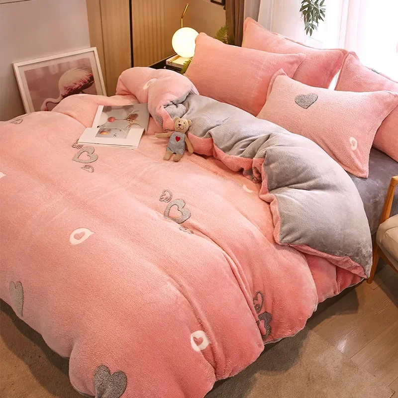 

3Pcs Duvet Cover Set,1Pc Heart Print Thicken Winter Warm Duvet Cover with 2Pcs Pillowcases for Double Bed Funda Nordica Cama