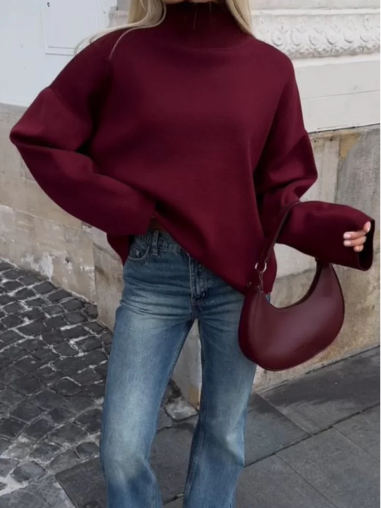 Damesmode Bordeaux Kleur Hoge Hals Gebreide Trui Elegante Effen Slim Fit Basic Trui 2024 Dame Dagelijkse Truien Herfst Nieuw