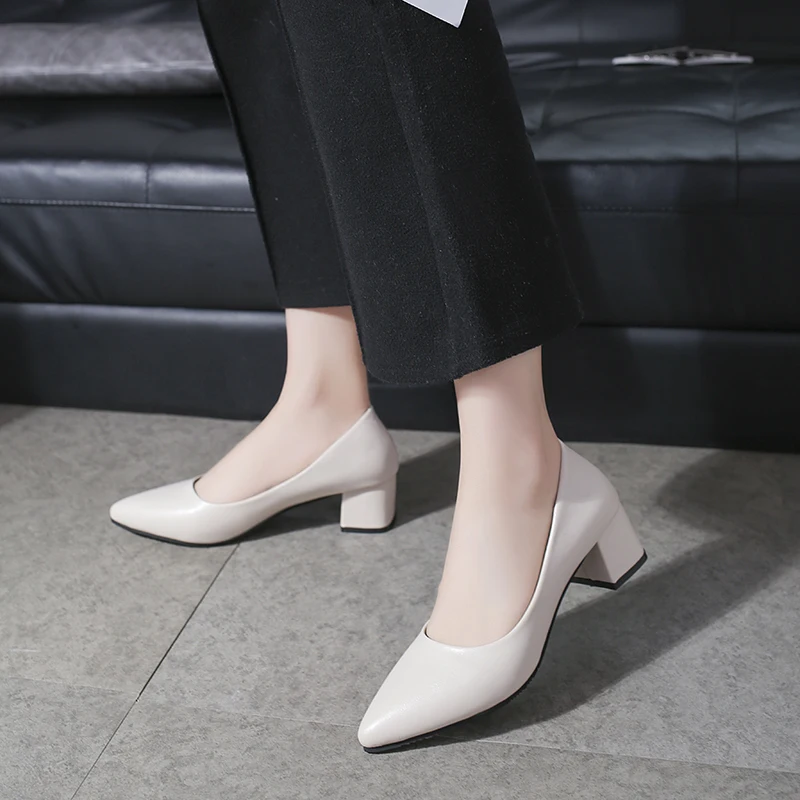 Soft Leather Pumps Women Shoes Comfortable Office Shoes Square Heel Shallow Pointed High Heels Slip-On Ladies Wedding Shoes