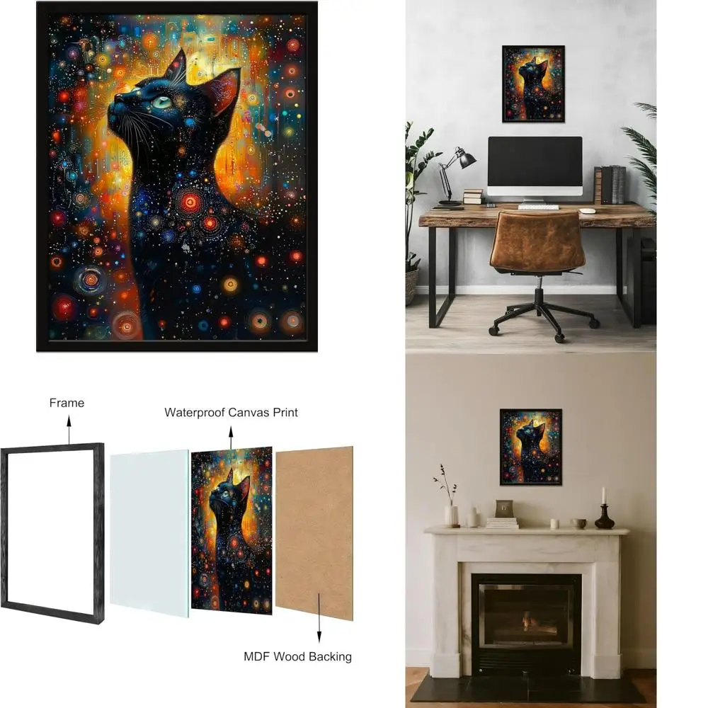 

Framed Monet-Inspired Black Cat Starry Night Wall Art, 16x20 for Home, Office, and Bathroom Decor