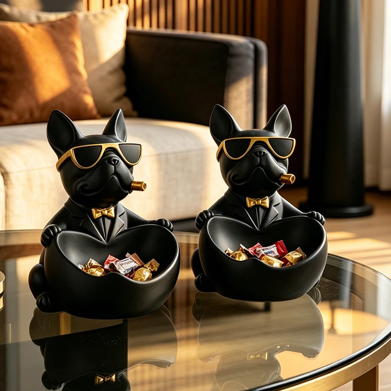 Must-have Cool Sunglasses French Bulldog Resin Storage Bowl Suit Dog Key Candy Holder for Entryway Desktop Home Decor Accessory