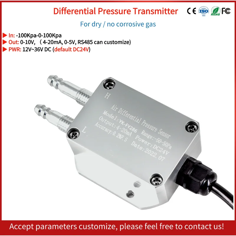 

0-10V -100kpa-100Kpa Wind Gas Differential Pressure Sensor for hvac oxygen co2 Gas Wind Differential Pressure Transmitter