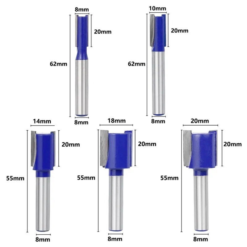 8mm Shank 2 Flute Straight Router Bit 8/10/14/18/20mm Dia Flush Trim Milling Cutter 20mm Cutting Length Wood Milling Cutter