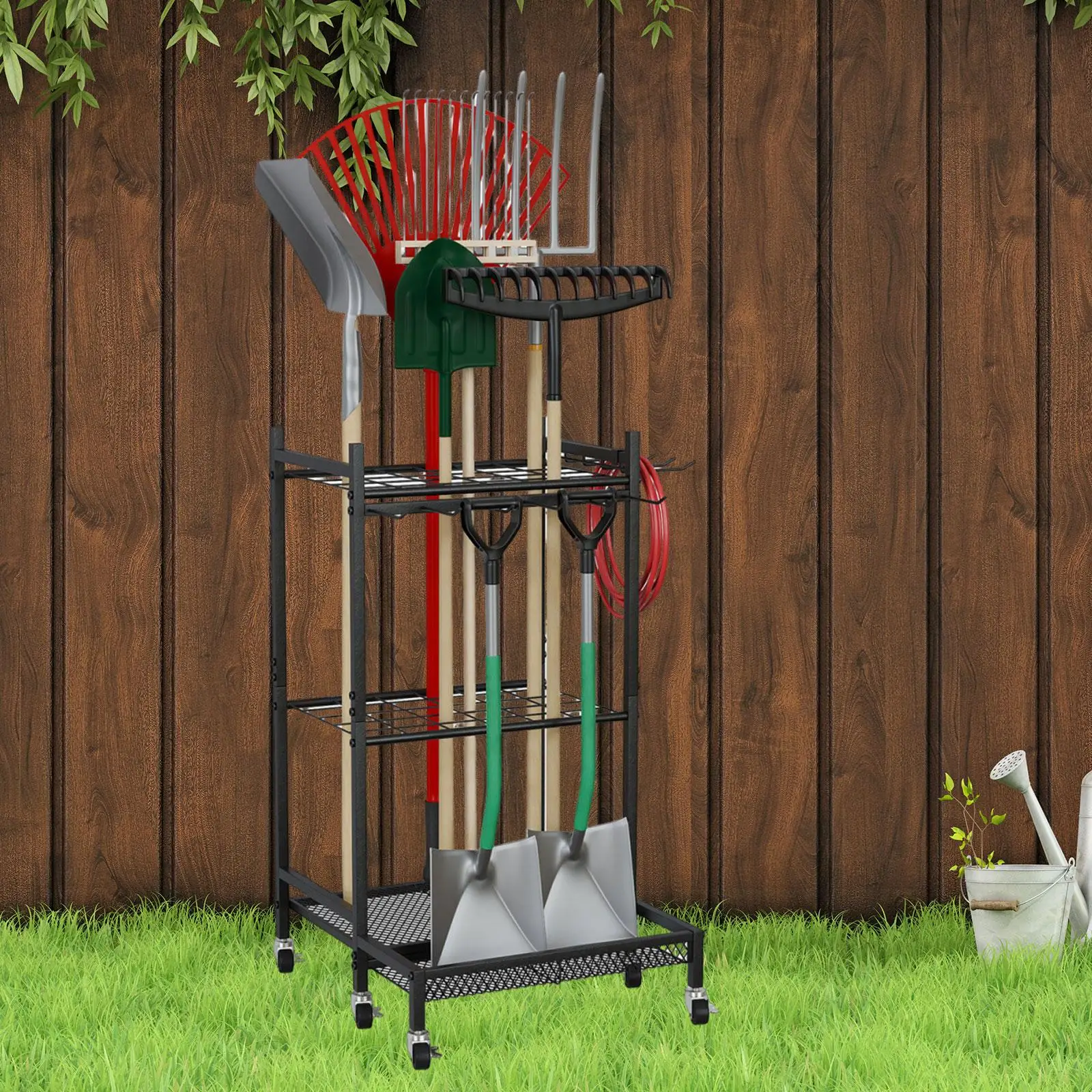 

Garden Tool Organizer Yard Rack with Wheels Multipurpose 3 Tier Garage Tools Organizer for for Cleaning Supplies
