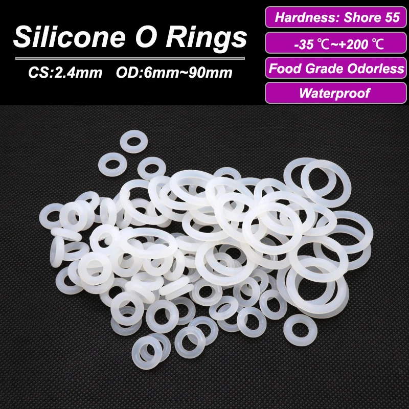 10/50pcs White  Silicone VMQ O-Ring Gasket CS 2.4mm OD 6~90mm Food Grade Waterproof Washer Nontoxic Silicone Rubber Sealing Ring