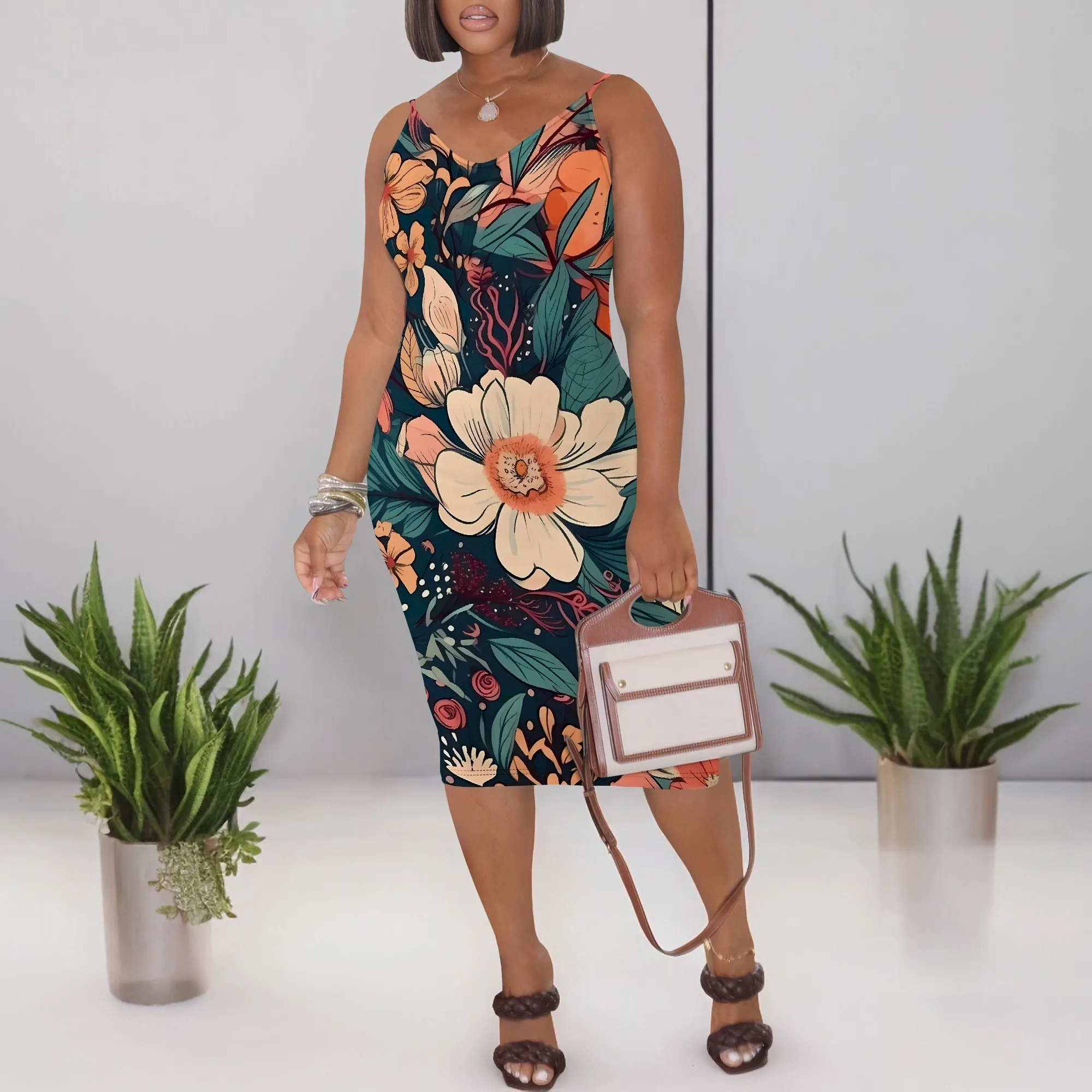 Summer Floral Spaghetti Strap Bodycon Midi Dress for Women Sexy Sleeveless Sundress Beach Vacation Wear