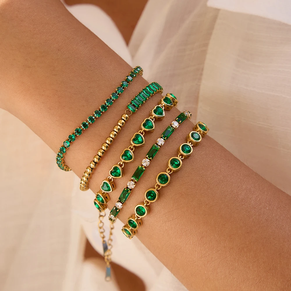 

AIKOER Fashion Trend 18K Gold Color Plated Stainless Steel Rectangular Green Zirconia Chain Bracelet Stackable Round Zirconia Br