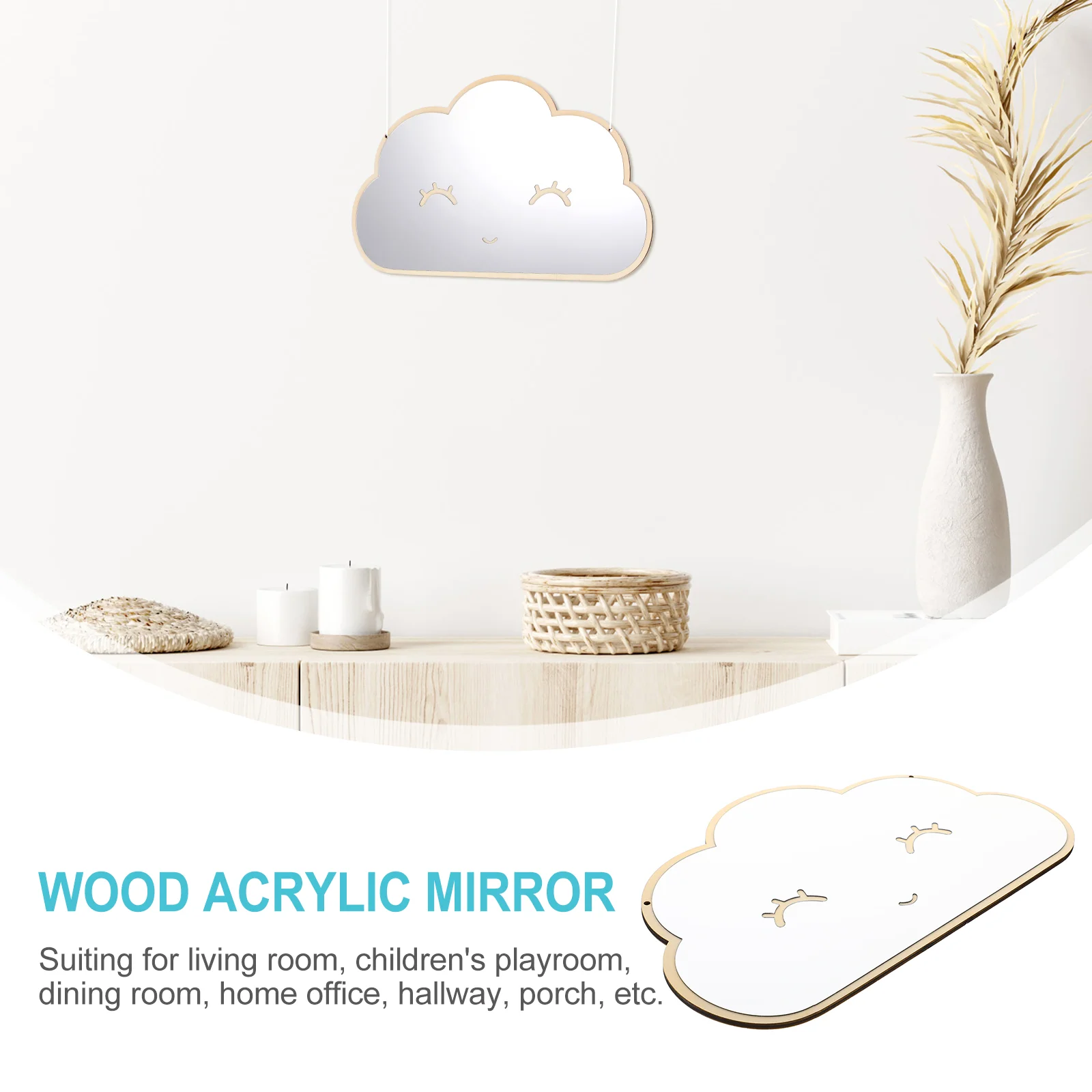 Espejo acrílico de madera, espejo de nube con sonrisa, espejo decorativo, espejo de pared para habitación de niños, decoración del hogar
