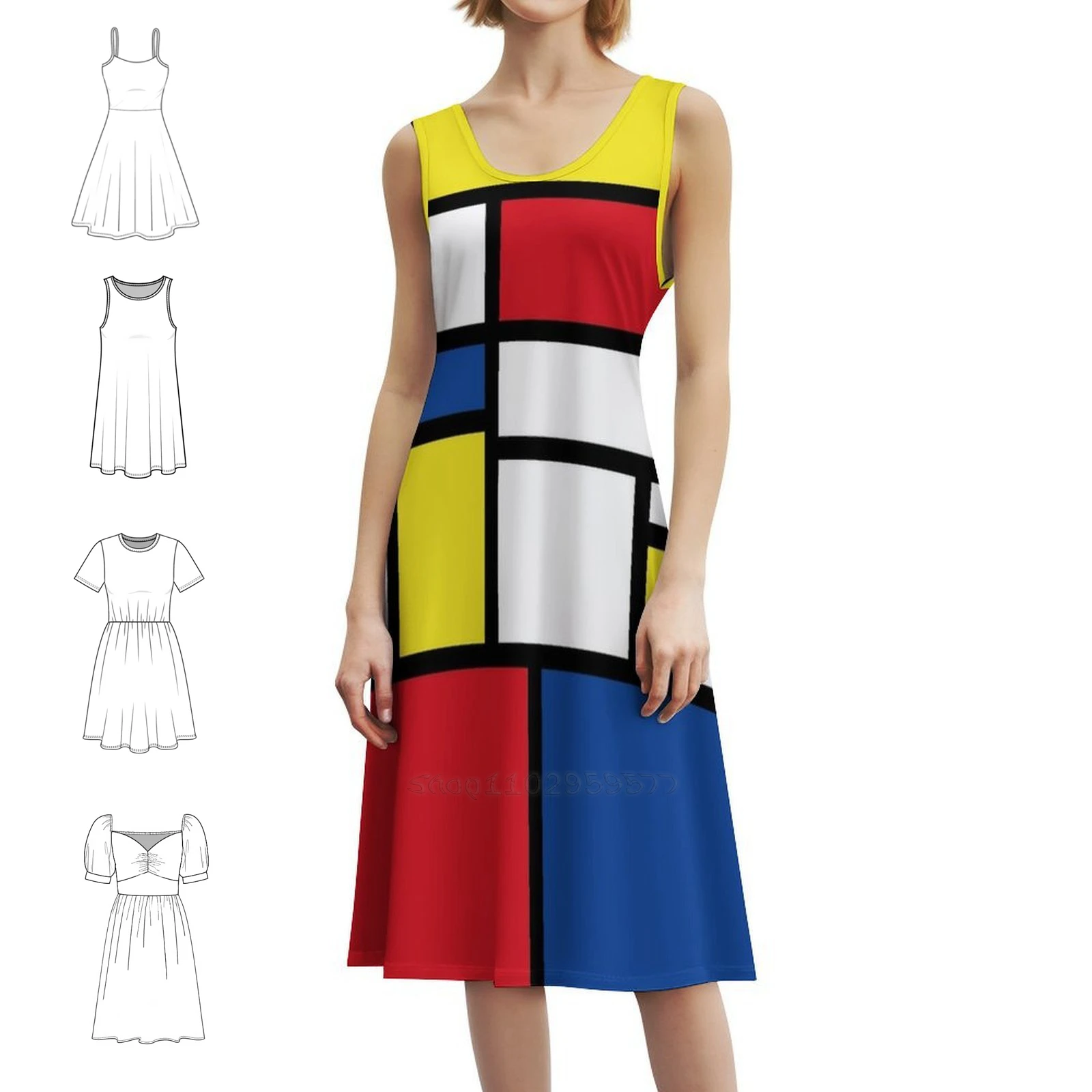 モンドリアン ミニマリスト アバンギャルド デ スティール モダンアート ボヘミアン ノースリーブドレス マルチプリント ビーチ バケーション パーティードレス アーティスティック