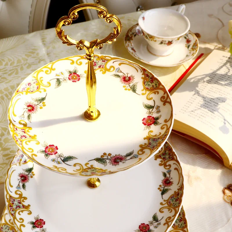 6+8+10inch, fine bone china floral cake stand,  nordic ceramic, fruit plate, dish set, for buffet  plate  gold plates