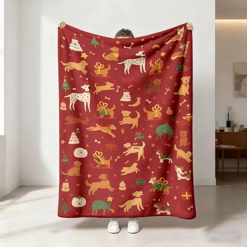 Christmas Throw Blanket Red Background Cute Dog Puppy Gift Box Xmas‑Tree Star Bone Printed Soft Lightweight Decor Blanket