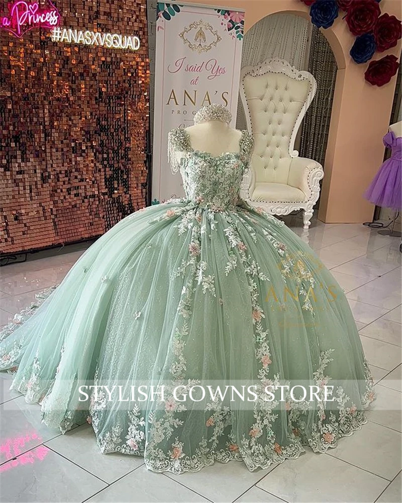 Ánh Sáng Xanh Người Yêu Bóng Đồ Bầu Quinceanera ĐẦM ĐÍNH HẠT Appliques Sinh Nhật Váy Xòe Áo Đầm Vestido De 15 Anos Ngọt Ngào