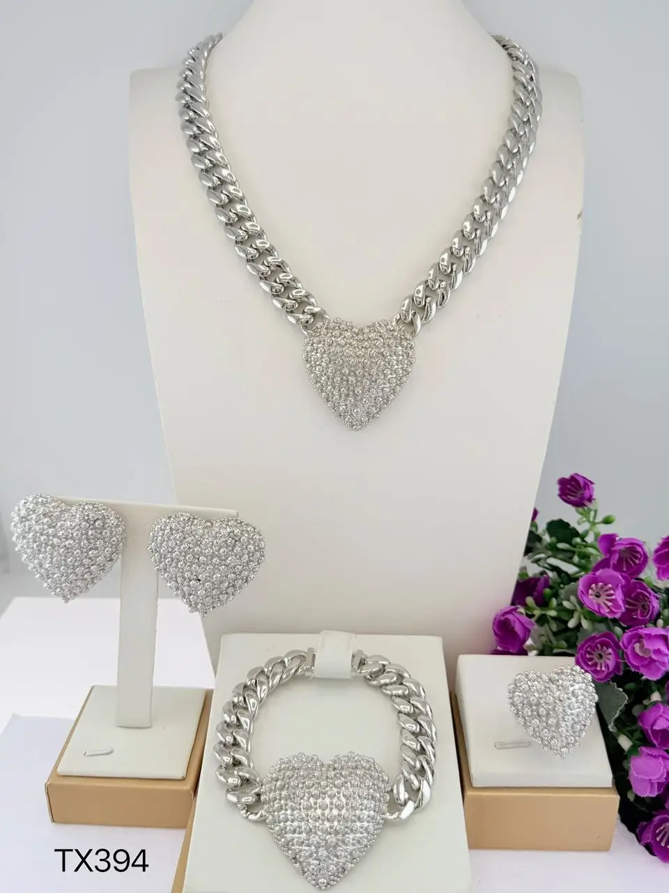 Simple Heart Shape Three Tone Shape Brazilian Jewelry set Chain llaveros Collar Pulseras pin Pendient tentacles Anillo 4PC Set