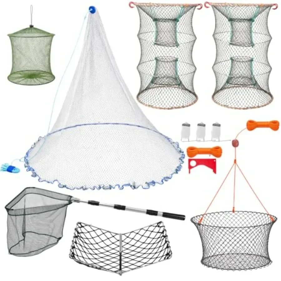 Fishing Crabbing Kit for Summer Pier Beach Use: Nylon Cast Net, Galvanized Steel Traps Lines, Blue Crab Cage, Green Butterfly N