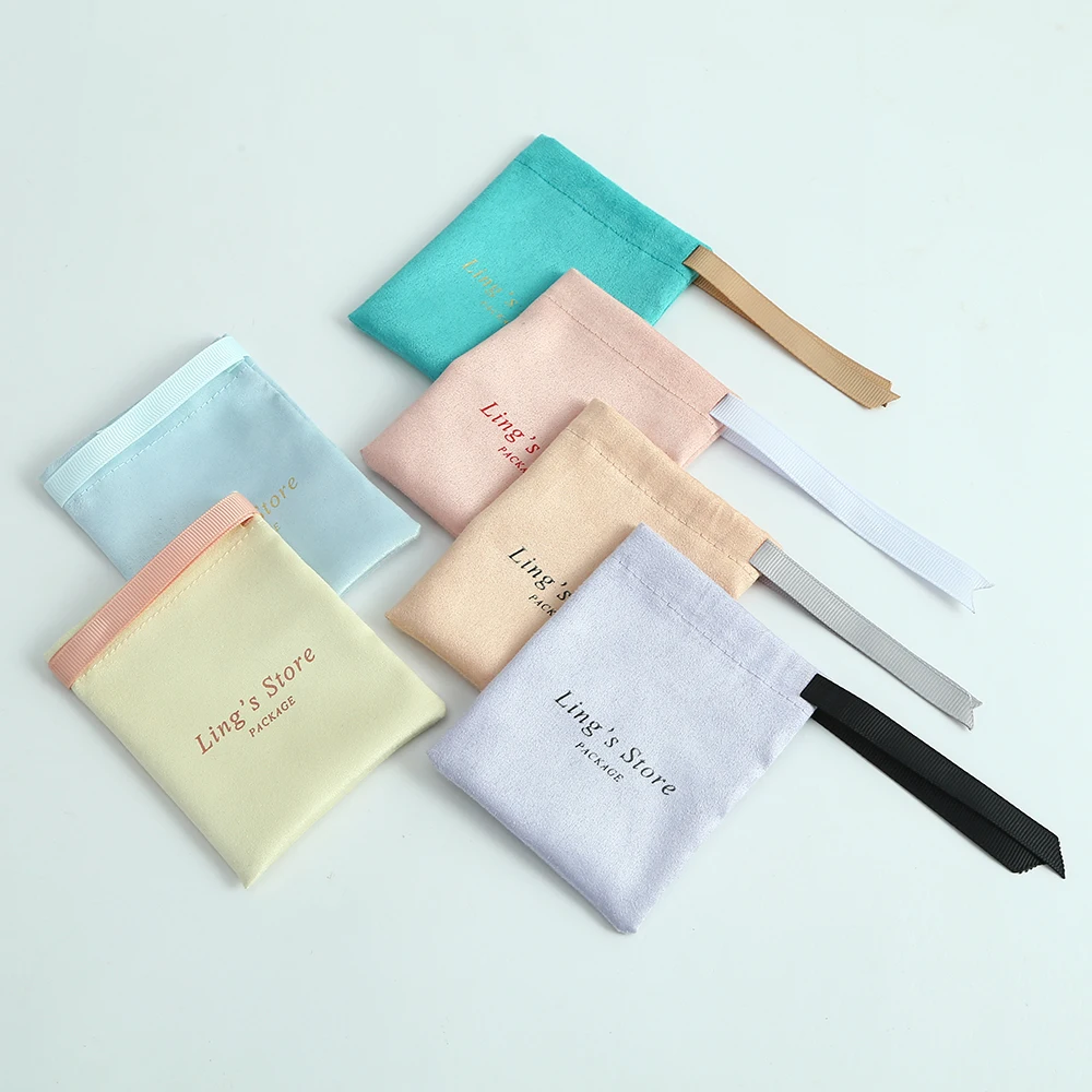 

50Pcs Personalized Jewelry Flannel Bag With One Side Grosgrain Ribbon Velvet Suede Gift Packaging Bowknot Pouches Wedding Favors