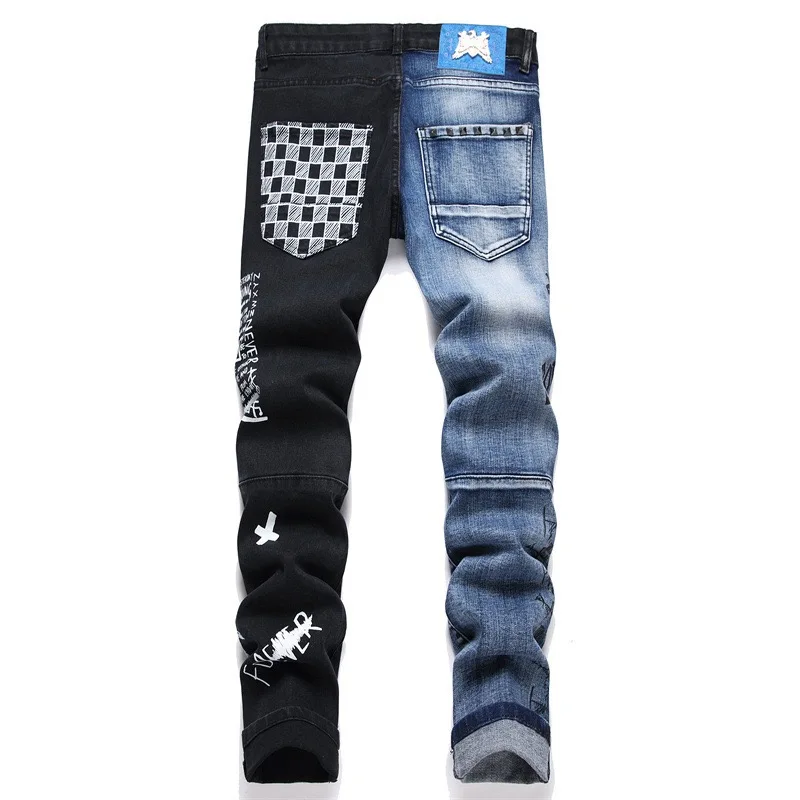 Men's Special Ink Dot Jeans Graffiti Scratched High Elastic 3D English Zipper Slim Fit Embroidery Pants Perforated Pocket Grid25