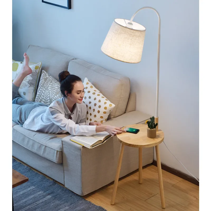 American Wood Table USB Charging Led Floor Lamp Living Room Standing Lamps Shelf Table Light Bedroom Bedside Lights Home Decor