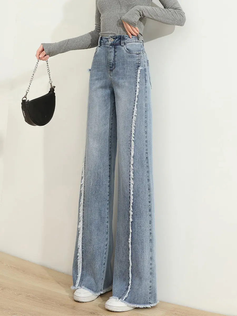 Jean taille haute à jambes larges pour femme, pantalon en Denim décontracté, coupe ample, ourlet effiloché, longueur au sol, nouvelle collection printemps automne