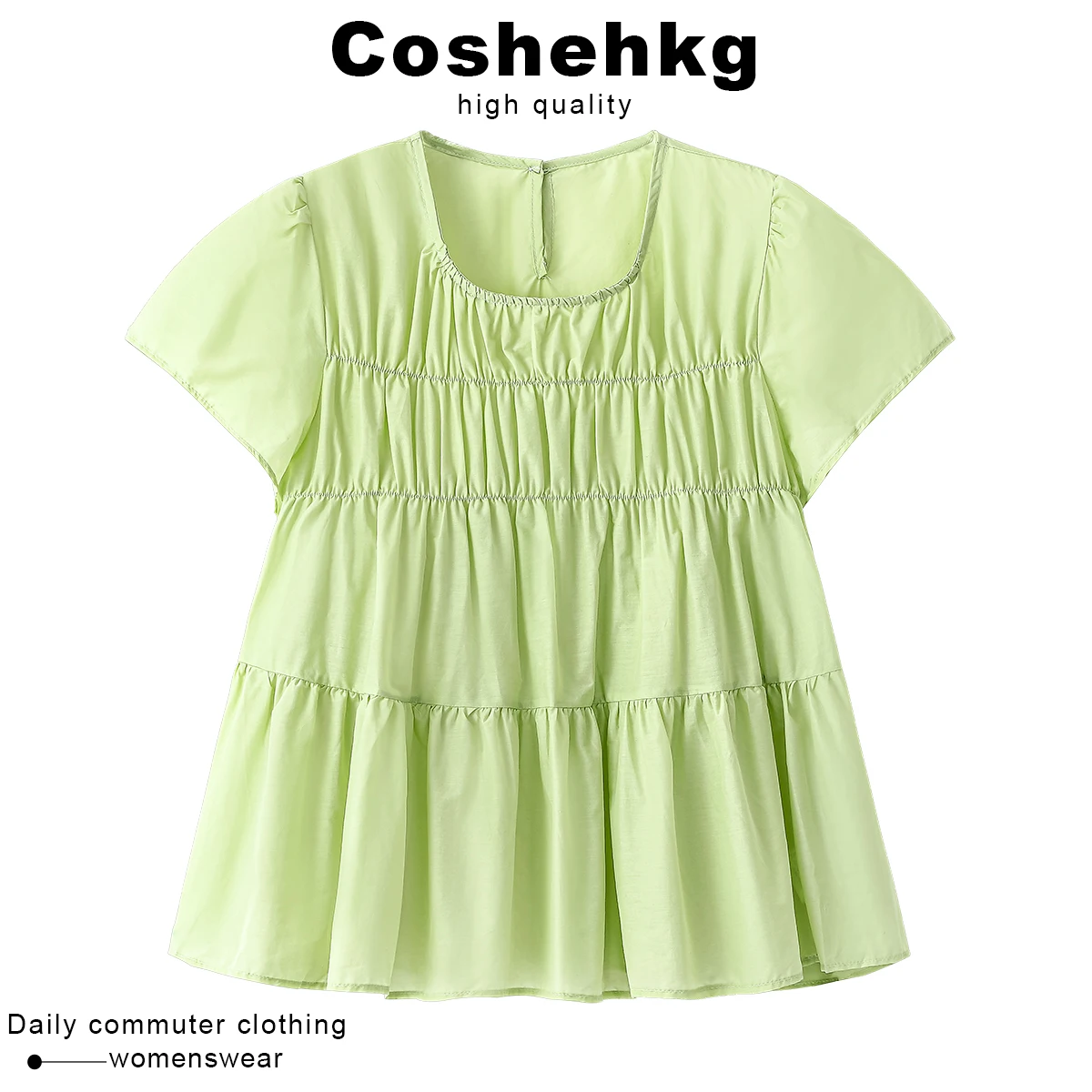 Coehkg Women's Loose ort Sve irt Spring Summer New Sle Pleated Base Layer Square Collar Versatile Top Faion