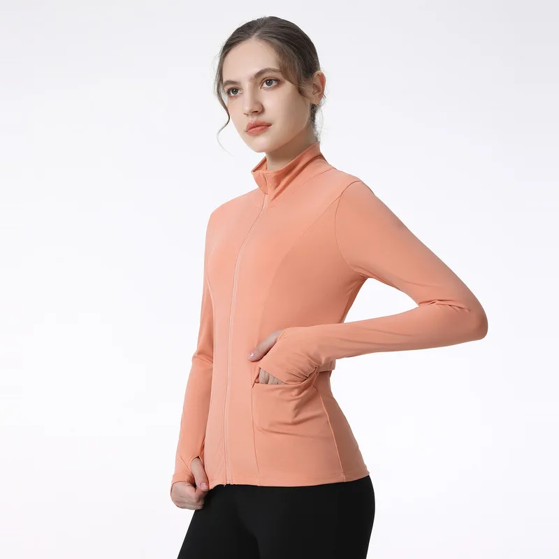 Yoga jacket with logo women fall/winter coat slim cardigan with pockets & finger cover stand collar zipper long sleeve short top