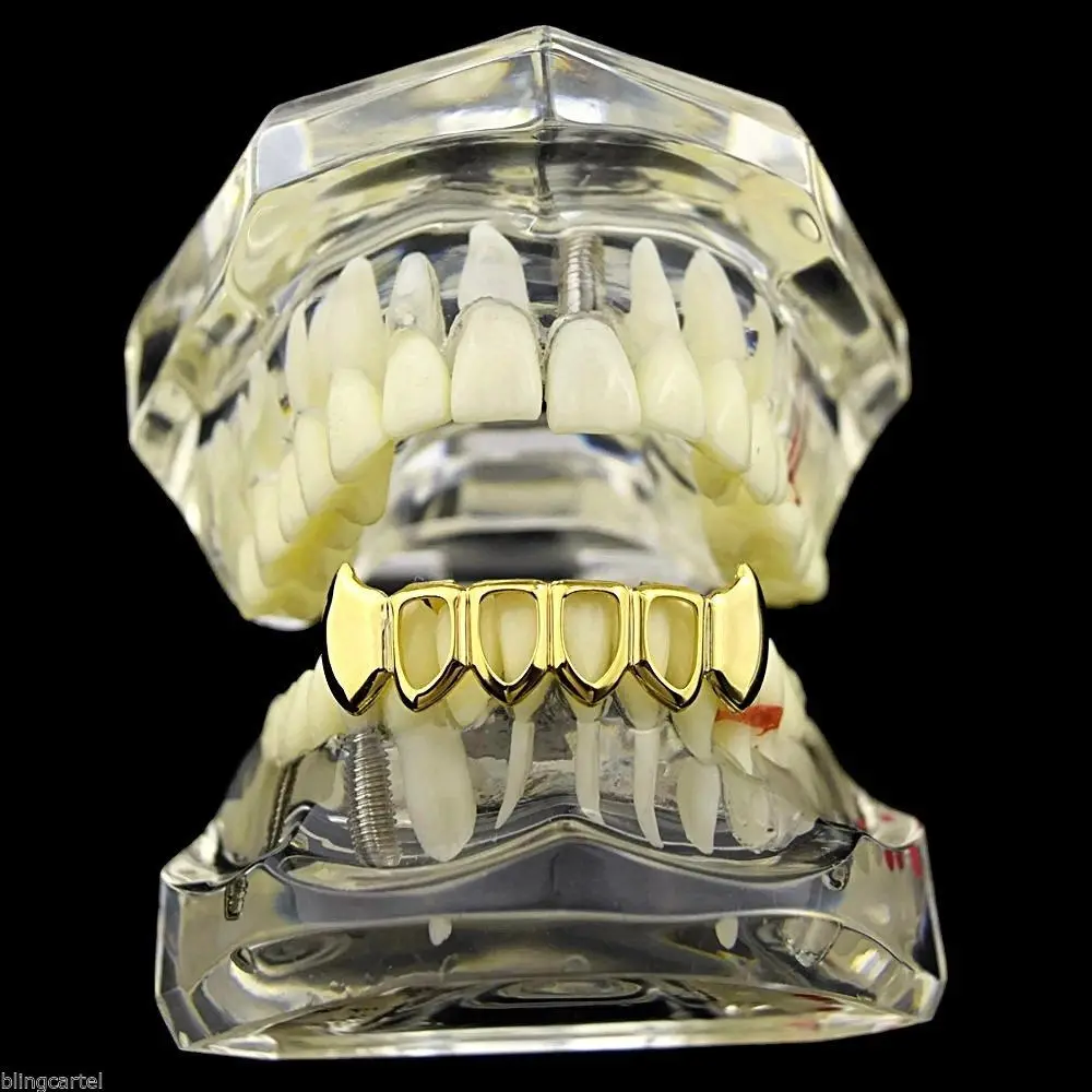 TOPGRILLZ Gold Color Plated Hip Hop Teeth Grill Top & Bottom Grill Hip Hop Bling Hollow Vampire Teeth for Halloween