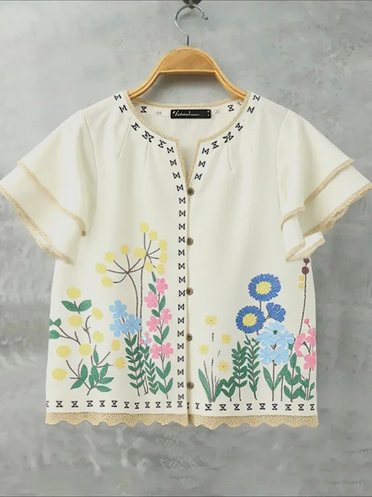 

ZANZEA 2022, винтажная женская рубашка с принтом, блузка, модная туника с короткими рукавами и рюшами, летние топы с v-образным вырезом, повседневные свободные Blusas Femme