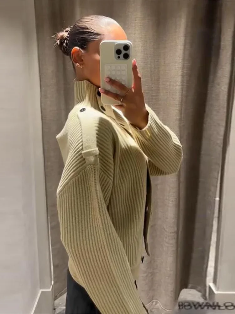 니트 가디건 여성용 크롭 스웨터 탑 턴다운 칼라 버튼 프론트 루즈 숏 니트웨어 가을 겨울 베이지 아우터웨어