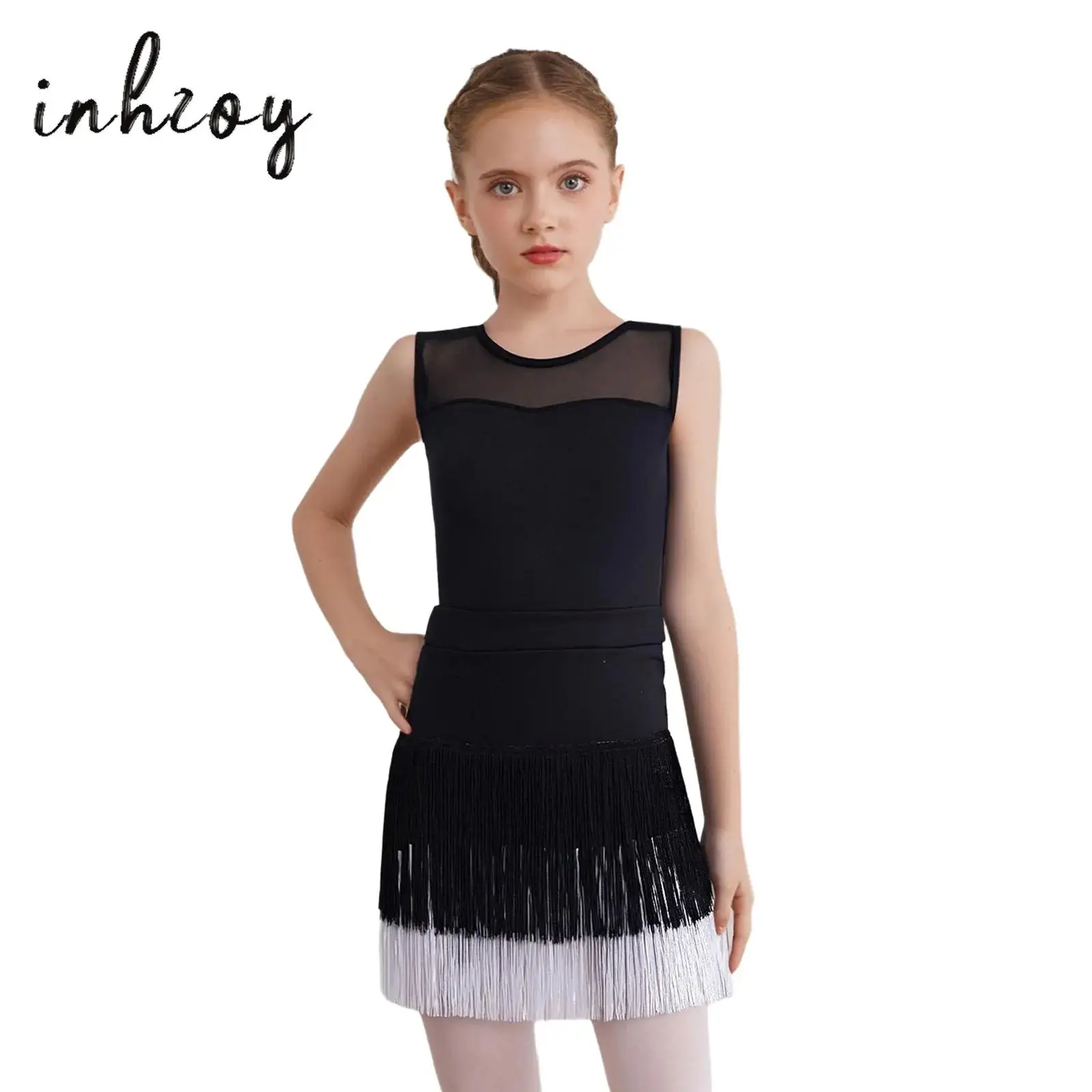

Kids Girls Latin Samba Tango Dance Outfit Sleeveless Sheer Mesh Patchwork Press Buttons Crotch Leotard with Tassel Skirt Set